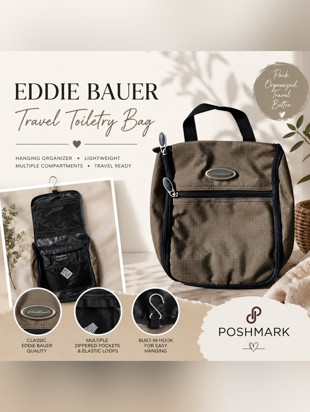 Eddie Bauer Hanging Toiletry Bag Travel Dopp Kit Olive Ripstop Nylon
